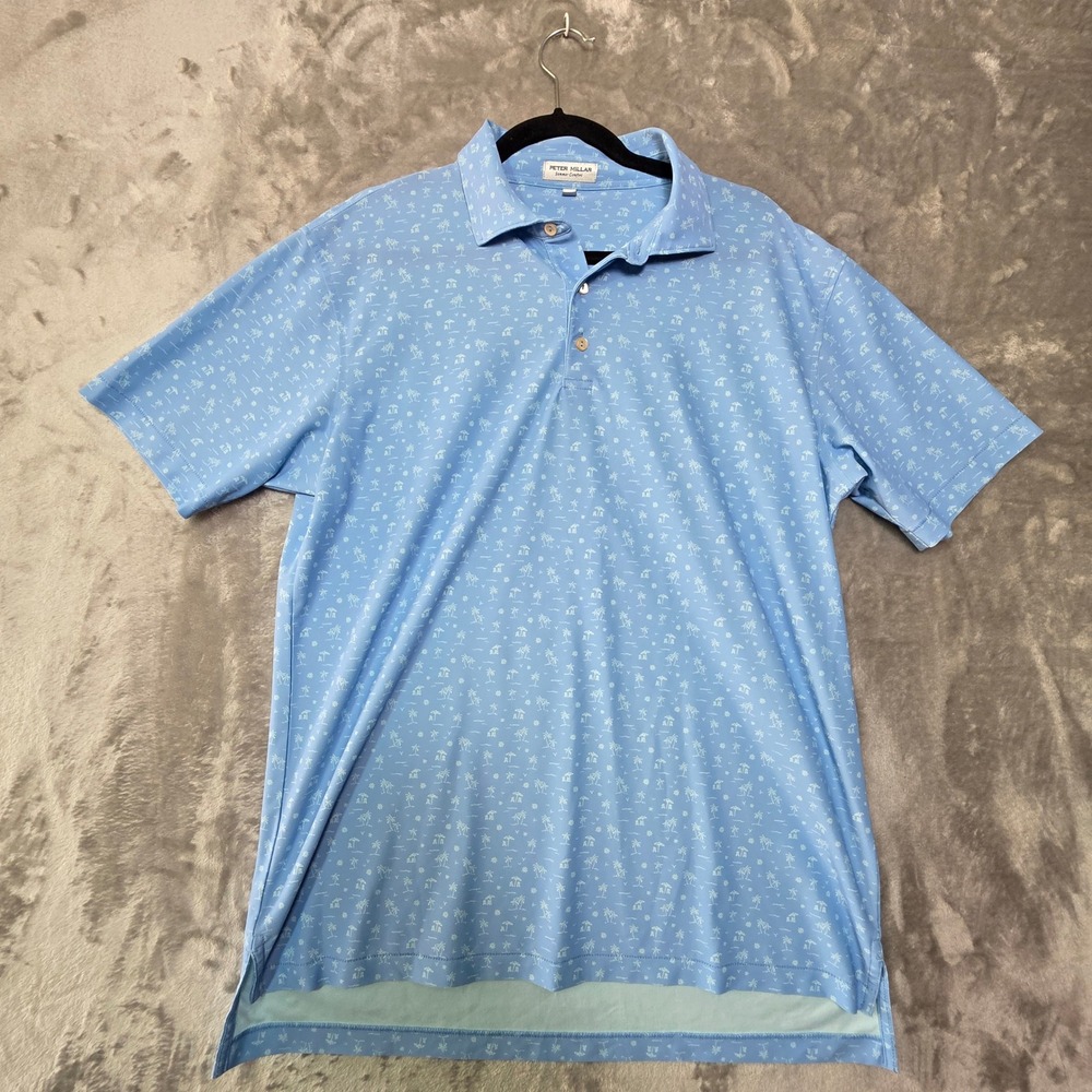 Peter Millar Summer Comfort Polo Shirt Mens Medium Blue Tropical Palm Tree Golf